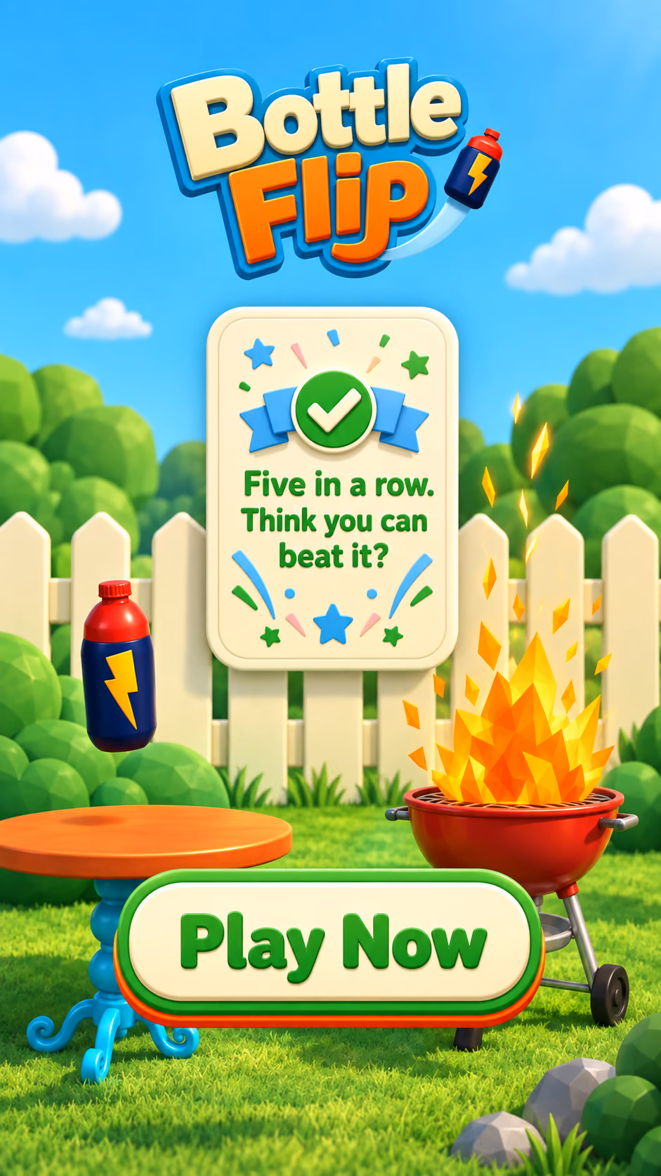 Bottle Flip playable ad end card: Five in a row. Think you can beat it? with a Play Now button
