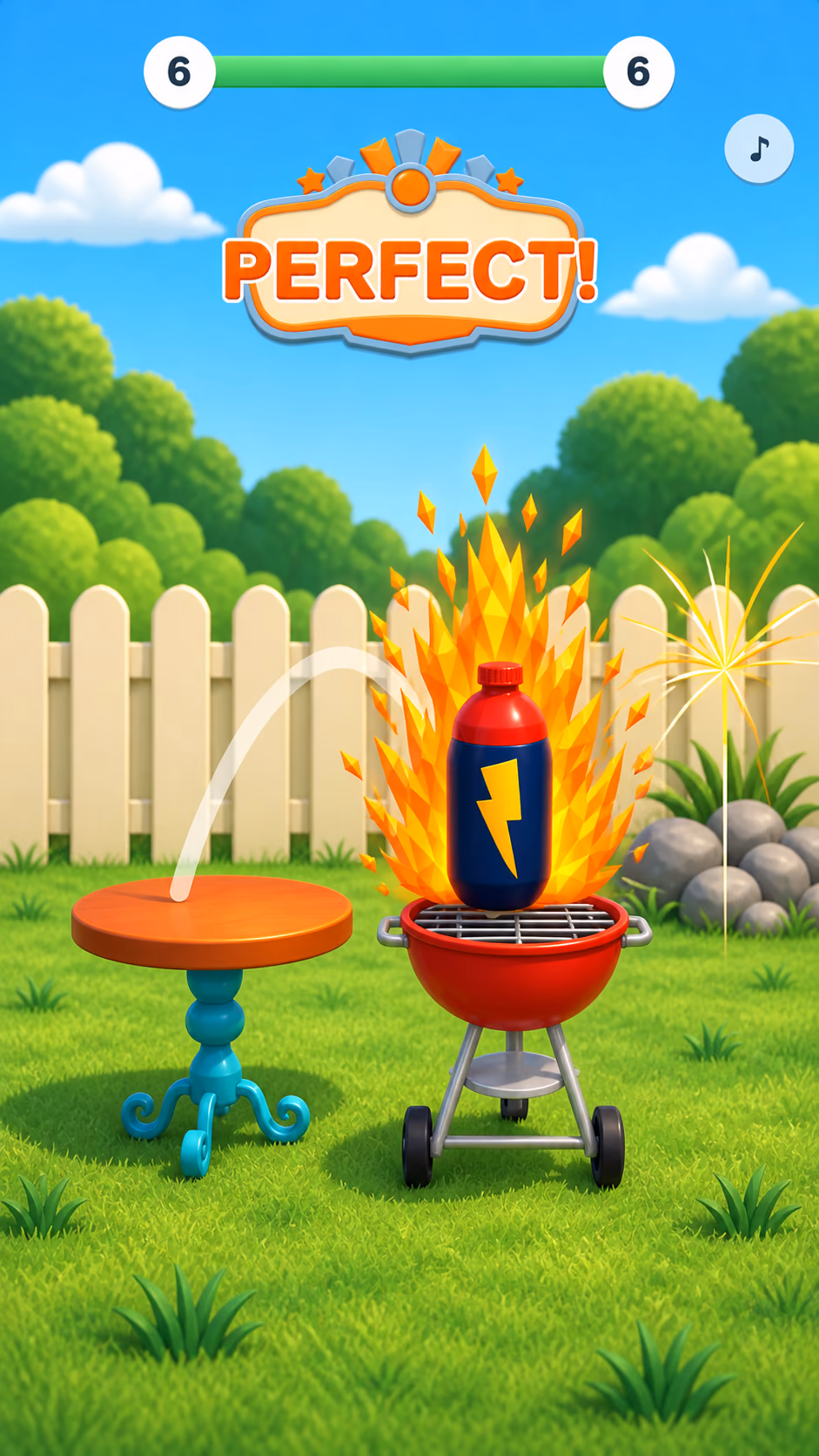Bottle Flip playable ad, garden theme: the bottle flies from a table onto the grill