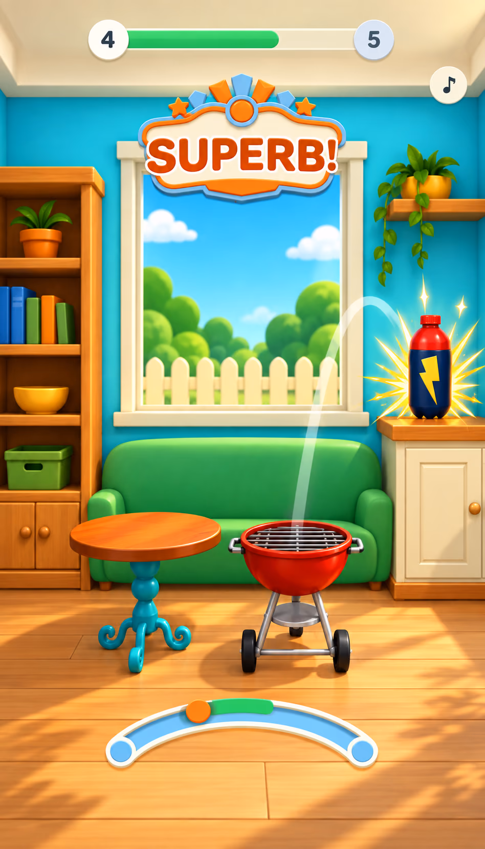 Bottle Flip playable ad, living-room reskin of the same mechanic with a Superb! banner
