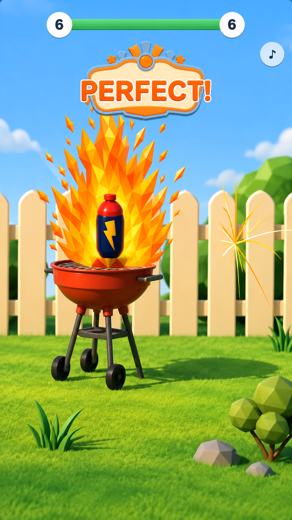 Bottle Flip playable ad: a bottle lands upright on a grill in a garden scene with a Perfect! banner