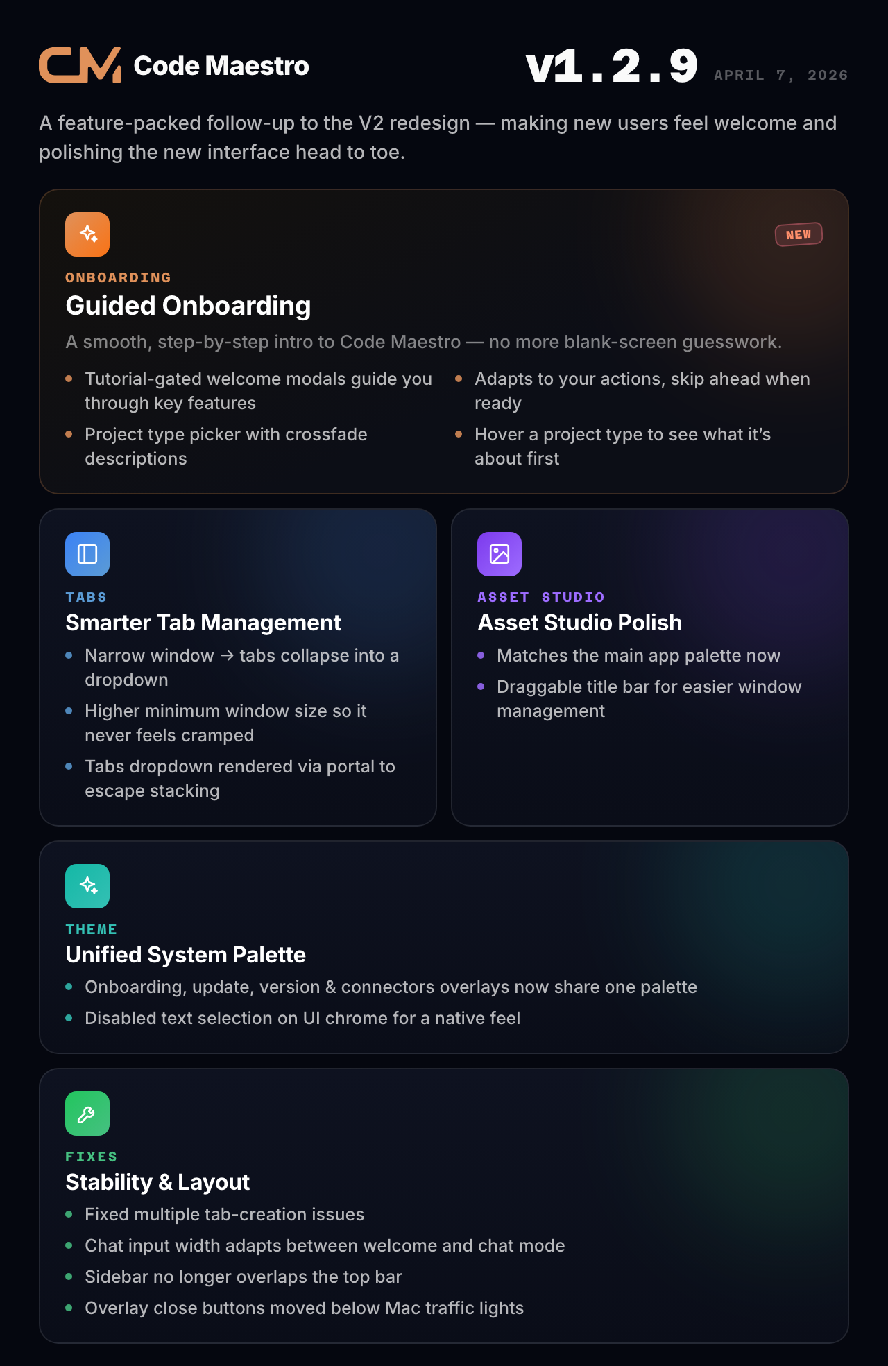 Code Maestro 1.2.9 - Onboarding & Polish