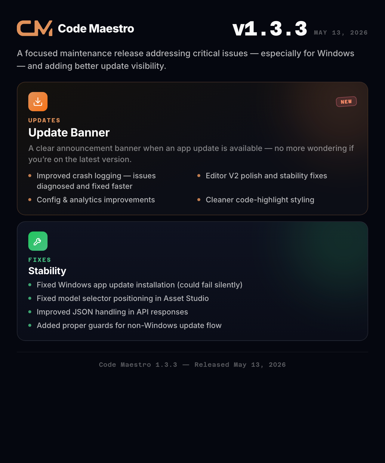 Code Maestro 1.3.3 - Stability & Windows Update Fixes