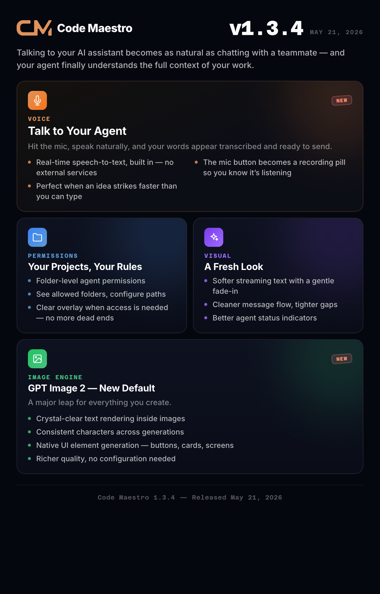 Code Maestro 1.3.4 - Voice Input, Smarter Agents, Visual Refresh, GPT Image 2